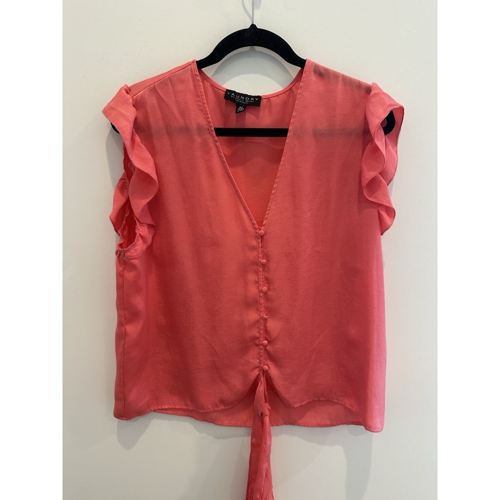 Laundry by Shelli Segal Coral Pink Ruffle V-Neck Tie Front Blouse XL Romantic